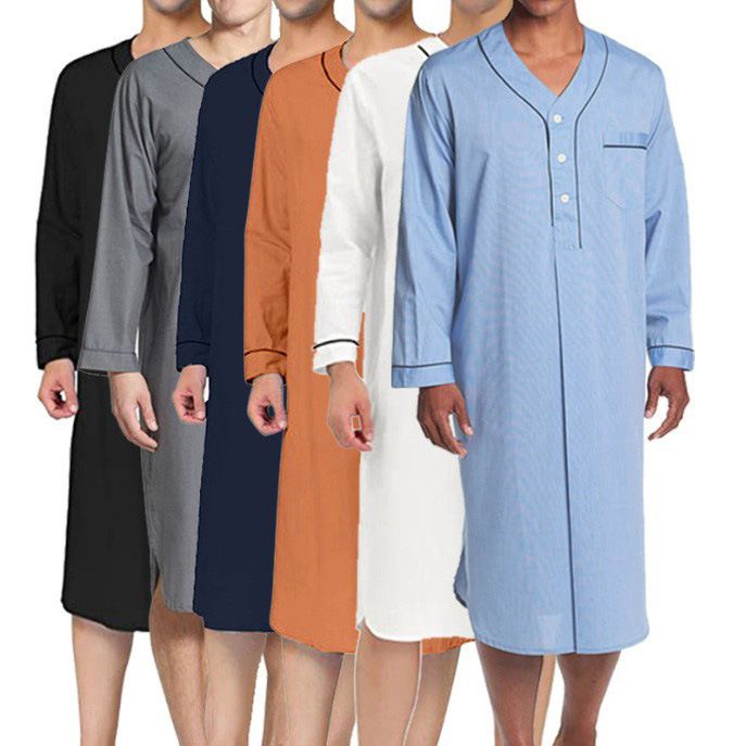 2025 Frühling Muslimischen Mittellangen Lose Feste Pyjamas männer Homewear Nachtwäsche Farbe Block_voghion.com