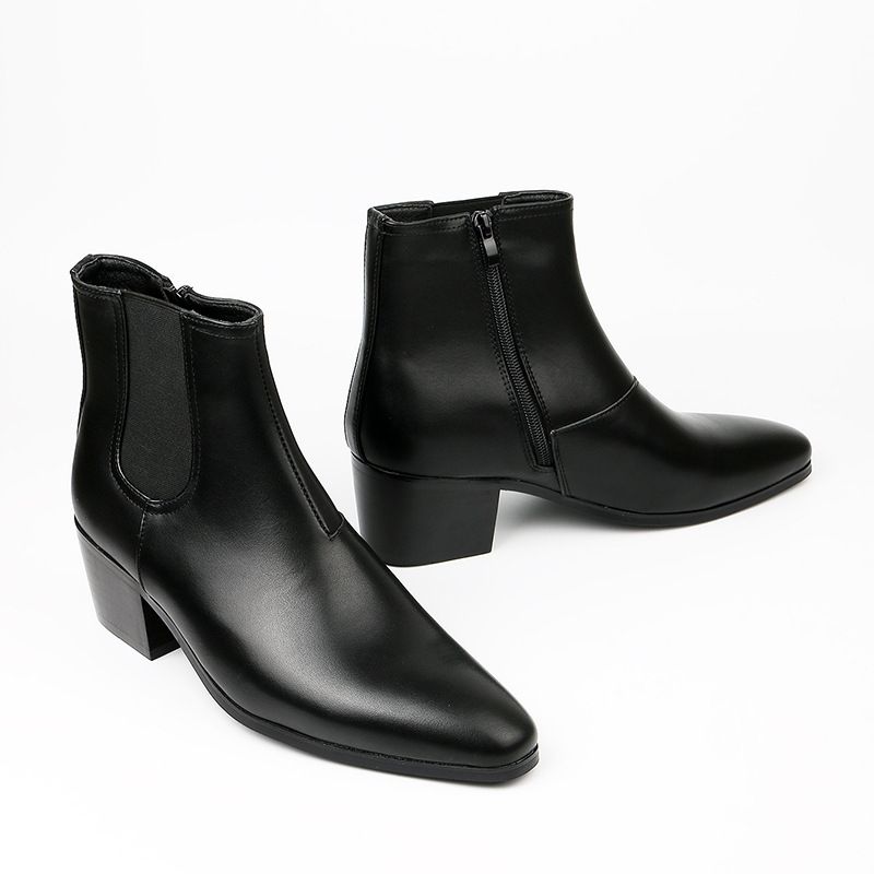 New Autumn And Winter Boots Men's Fashion High-heeled Ankle Boots Small Square Head High-heeled Boots Men's Boots Increase High-heeled Men_voghion.com