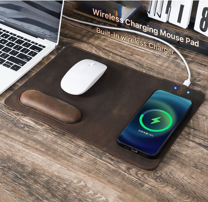 15W Wireless Fast Chargers Pad With Genuine Leather Charging Mouse Mat For PC Computers Laptops Office Accessories_voghion.com