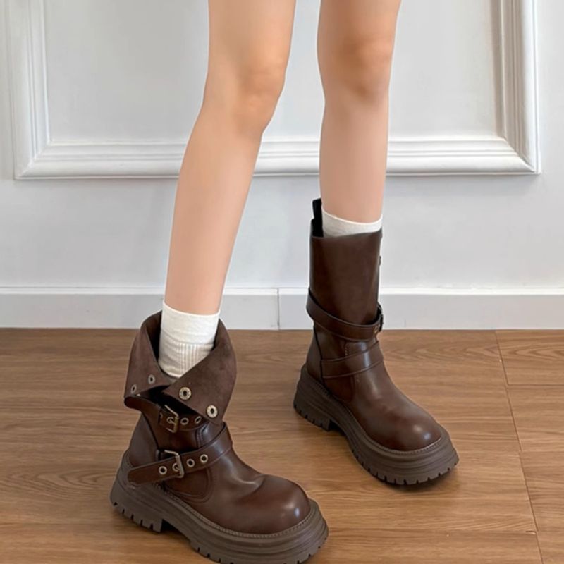 2025 Neue Melad-Shorts mit dicker Sohle bis zur Wade für Damen, Herbst und Winter im britischen Stil, schlankmachend und höhensteigernd, Braun_voghion.com