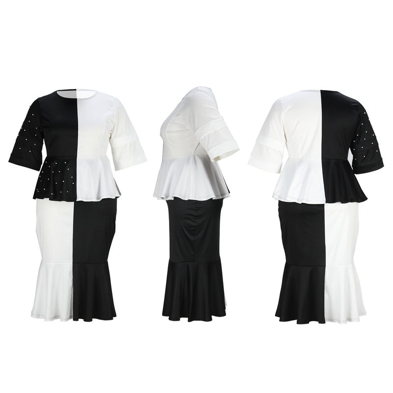 black and white contrasting color stitching beaded top fishtail skirt plus size suit_voghion.com