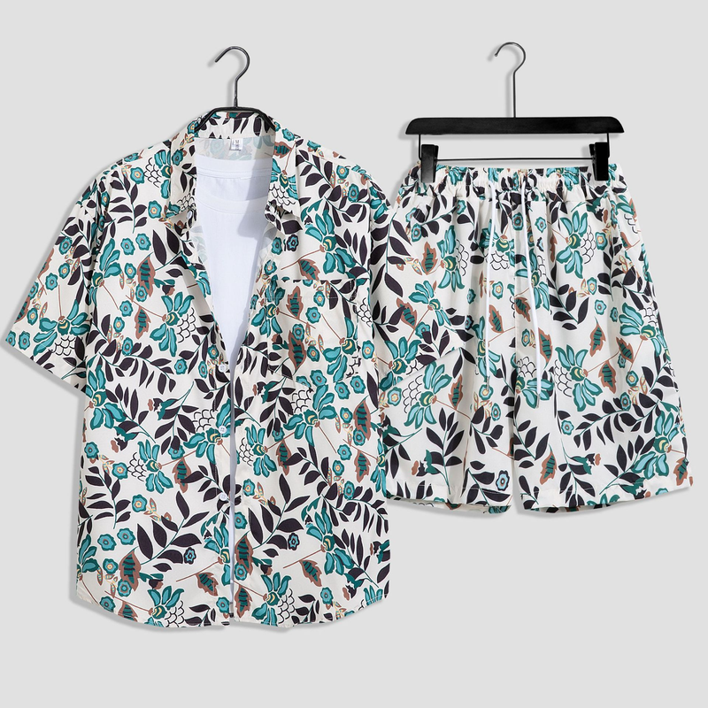 Herenkleding aan zee, strandvakantie, losse heren, plus size paar, trendy bloemenoverhemd met korte mouwen, casual tweedelige set_voghion.com
