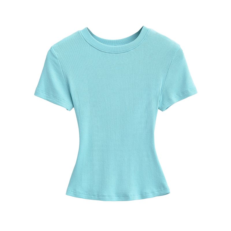 Maglietta estiva da donna sexy con scollo rotondo e maniche corte, tinta unita, con cuciture a vista_voghion.com
