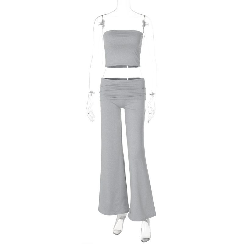 Roupas femininas verão 2025, nova cor sólida, top tubinho, calças largas, conjunto slim fit para mulheres_voghion.com