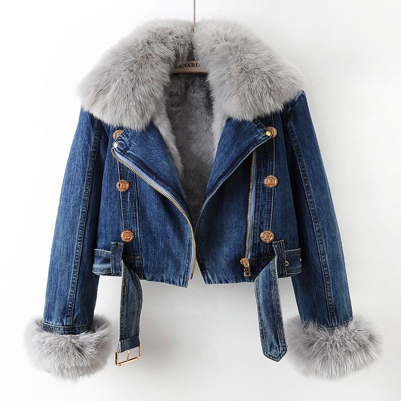 Giacca corta da donna in denim di piccole dimensioni, alla moda, con collo in pelliccia di volpe e fodera in pelliccia di coniglio, stile autunno e inverno_voghion.com