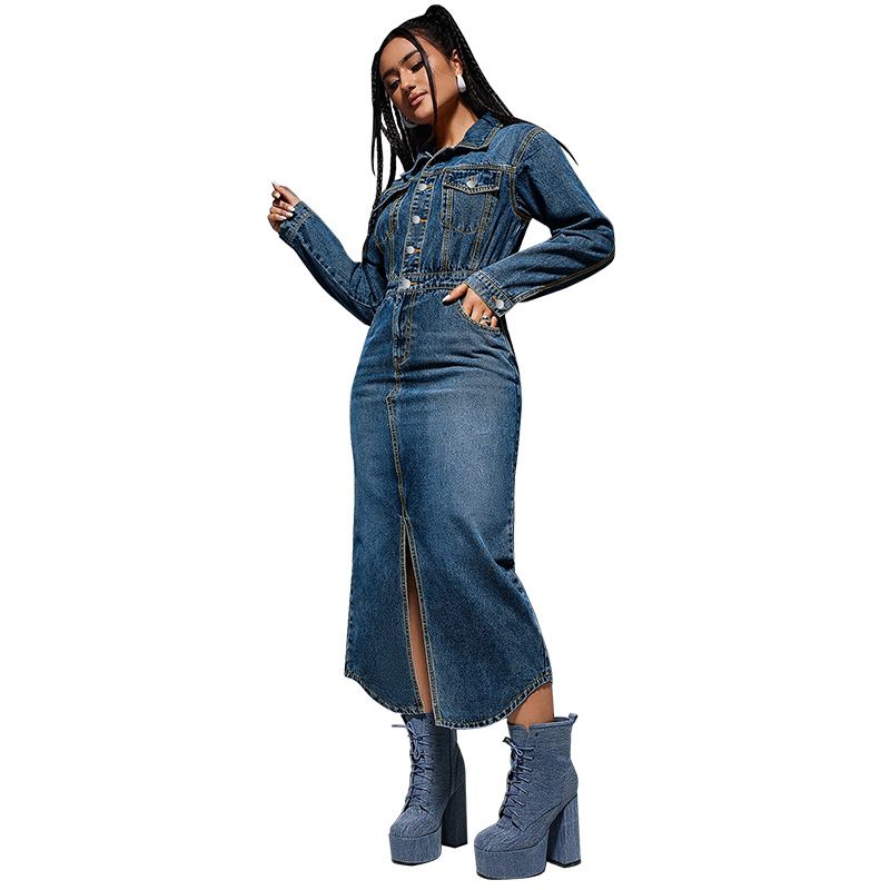 Damenbekleidung Reversknopf Langarm Schlitz Neues langes Denim-Kleid_voghion.com