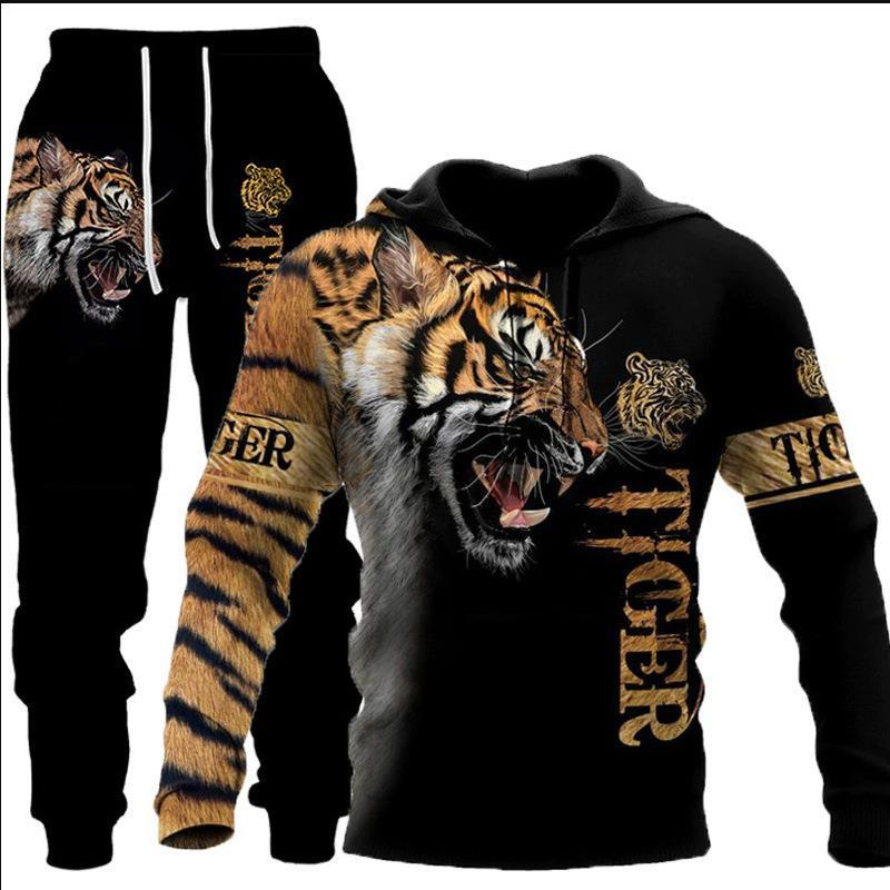 2024 New Tiger Animal Pattern 3D Printed Hooded Men's Sweater Set_voghion.com