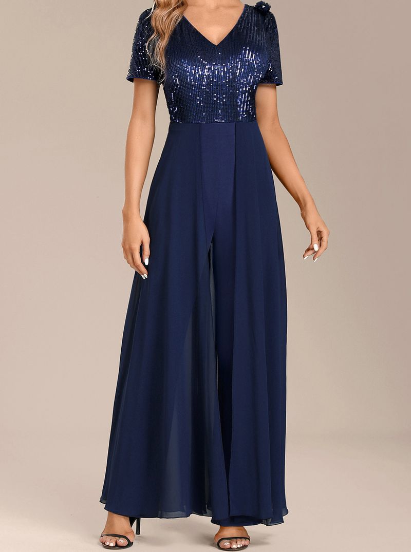 Tuta da donna in chiffon con paillettes e cuciture, colore puro e temperamento_voghion.com