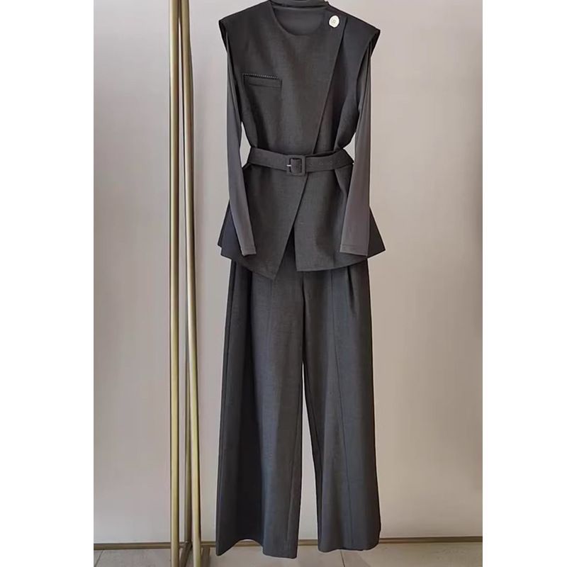 Damenbekleidung Temperament dreiteiliger Anzug leichter Luxus fortgeschrittener Stil modische graue Weste mit unregelmäßiger Spitze und Innenhose für Frauen Herbst_voghion.com