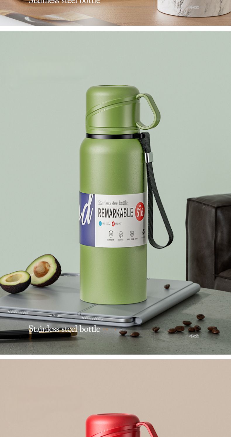 Isolierte Flasche mit großem Fassungsvermögen und Doppeldeckel für Männer und Frauen, Edelstahl und Wassertrennung, tragbar, für die Automontage_voghion.com