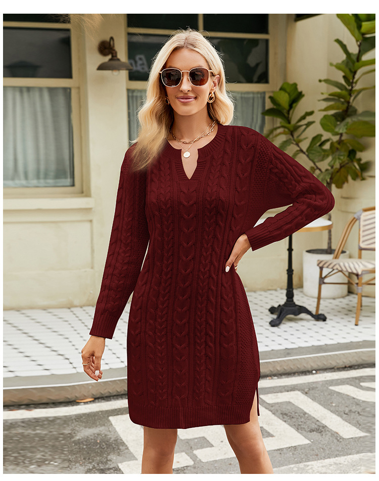Damen-Strickkleid mit gedrehten Blumen, mittellang, einfarbig, Schlitz, lockeres Pullover-Pullover-Kleid für Damen_voghion.com