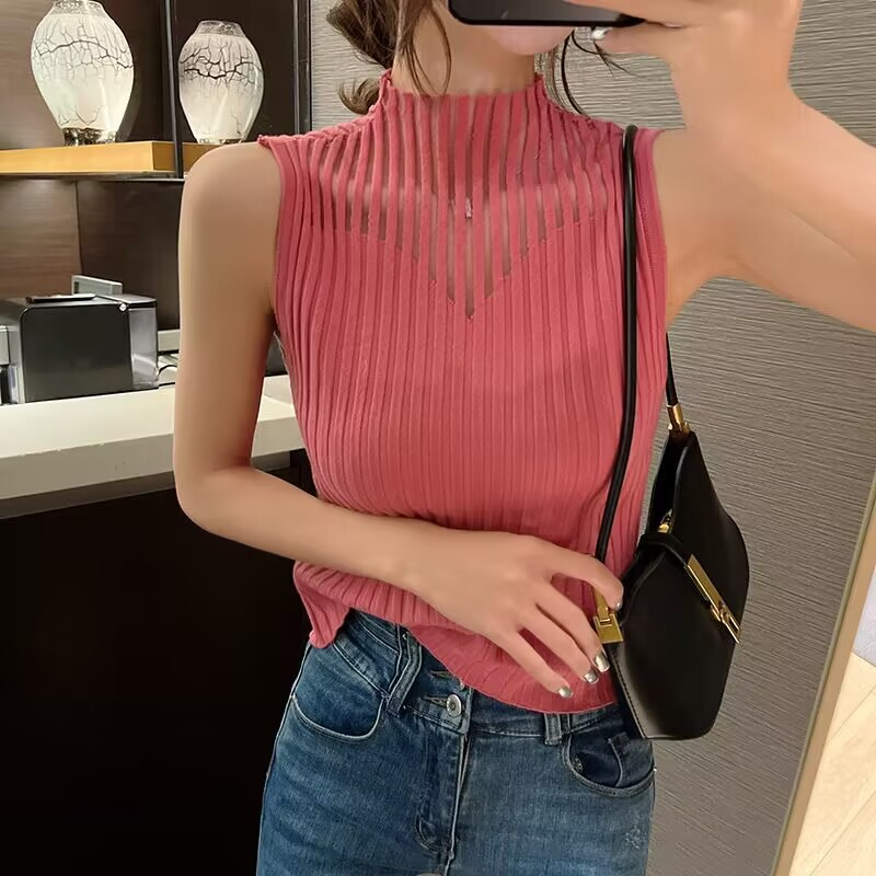 Colete feminino de meia gola alta, malha oca, pequeno, emenda de malha, suspensório, suéter, colete justo, sem mangas, gola média_voghion.com