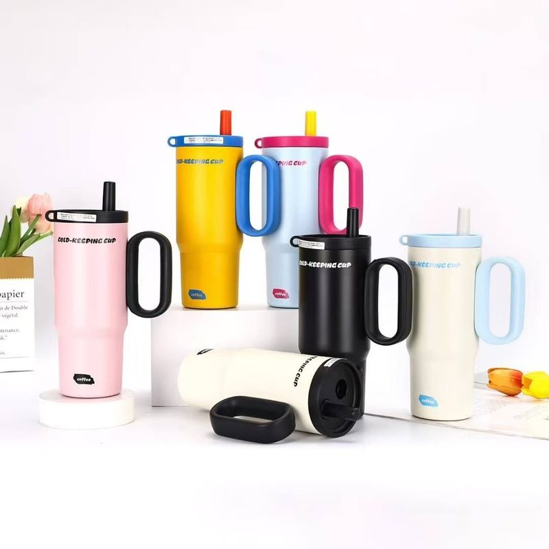 Becher mit Griffdeckel Stroh Edelstahl Wasserflasche Vakuum Thermosbecher Reise Auto Kaffeebecher 750ml_voghion.com