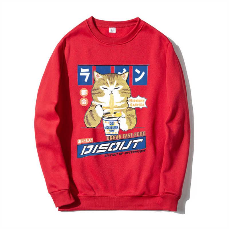 Herbst und Winter Neuer Katzen-Cartoon-Print-Rundhalspullover für Männer und Frauen mit weißem Boden, lässigem Fleece_voghion.com