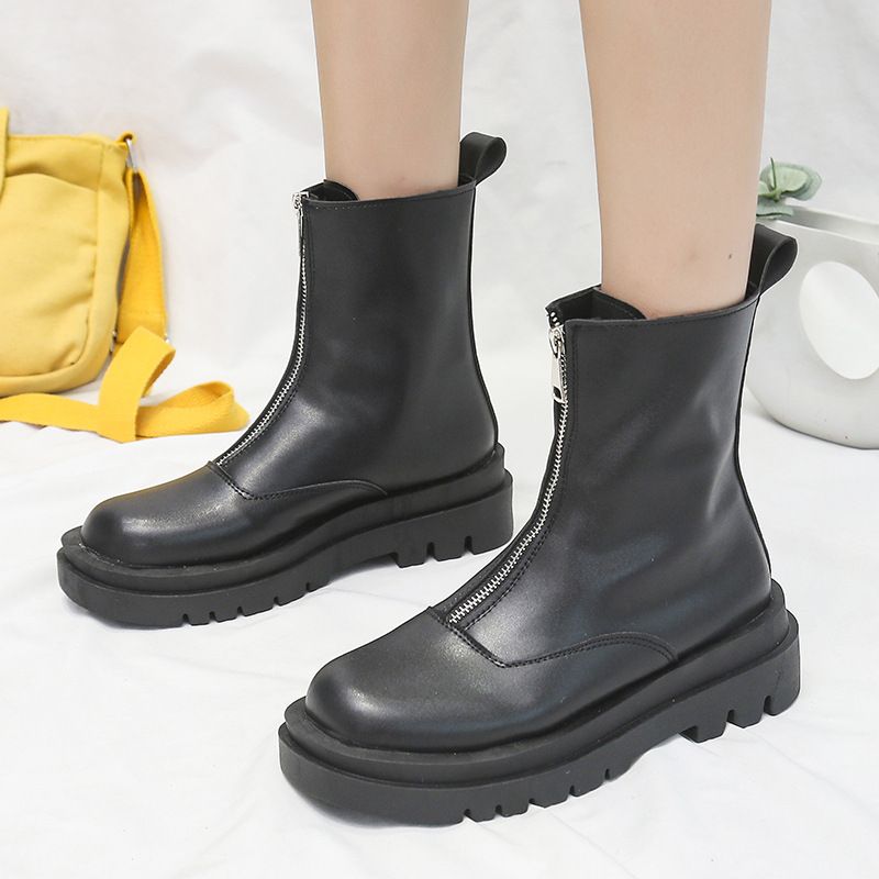 Große Martin-Stiefel mit dicker Sohle und kurzem Bein für Damen, neues Modell 2024, Reißverschluss vorne, runde Zehenpartie, niedriger Absatz, Frühling und Herbst_voghion.com