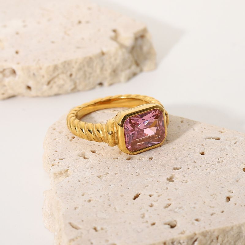 Anello rettangolare in zircone rosa smeraldo in acciaio inossidabile, gioielli con anello a spirale attorcigliato croissant da donna_voghion.com