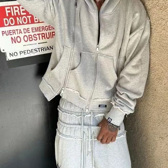 Nuovo set di felpa con cappuccio e pantaloncini con cerniera e polsini doppi, stile casual americano High Street, per coppie di uomini e donne_voghion.com