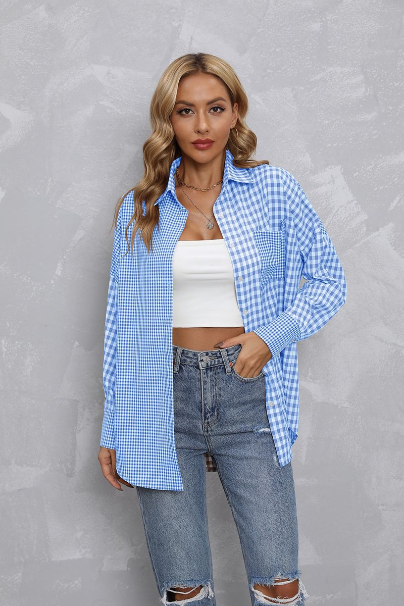 Damen Top Revers Plaid Farblich passendes lockeres Freizeithemd_voghion.com