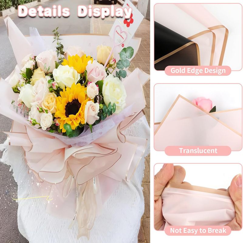 Blumenpapier mit goldenem Rand, 10 Blatt, wasserfest, Floristen-Blumenstrauß-Zubehör für DIY-Bastelsträuße, Hochzeitsgeschenke, 57,9 x 57,9 cm_voghion.com