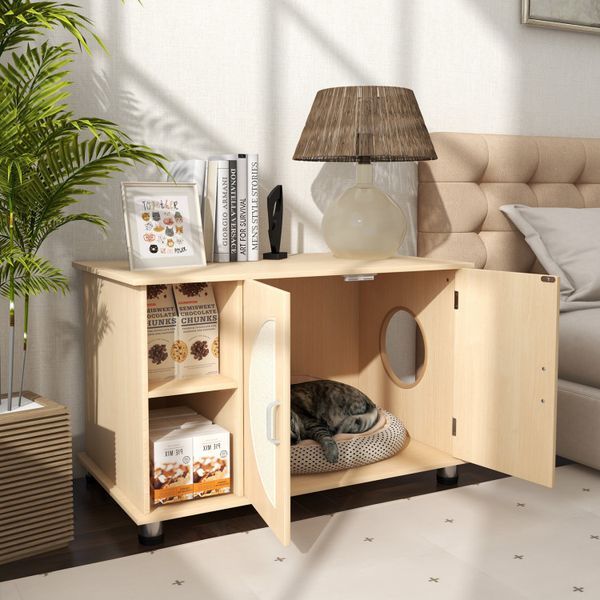 Cat Litter Box Enclosure With Sisal Scratching Doors And Adjustable Metal Feet_voghion.com