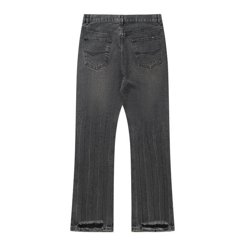 Herrkläder Nisch Tvättade Skadade Gamla Utsvängda Denim Casual Byxor Utsvängda Jeans Med Hål_voghion.com