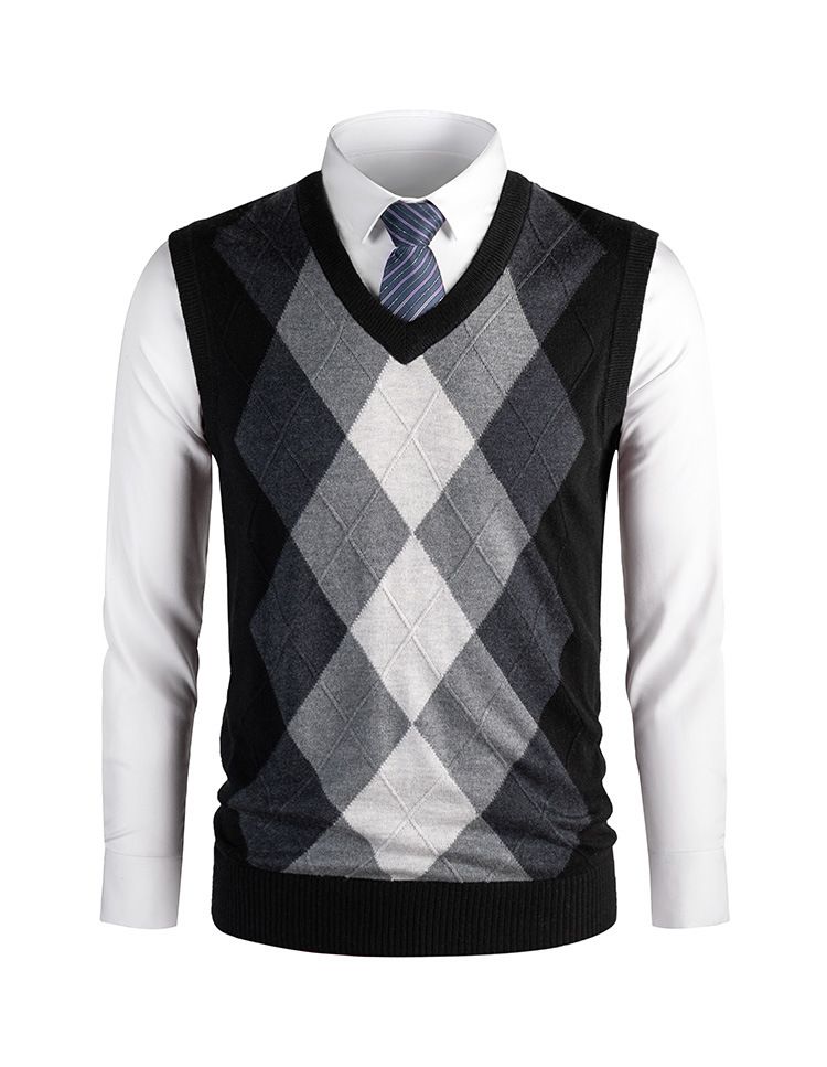 Ärmellose Weste aus Wollmischung mit V-Ausschnitt für Herren – Klassisches Karo- und Camouflage-Muster, schmale Passform, lässige und vielseitige Pullover-Strickweste für den Herbst_voghion.com