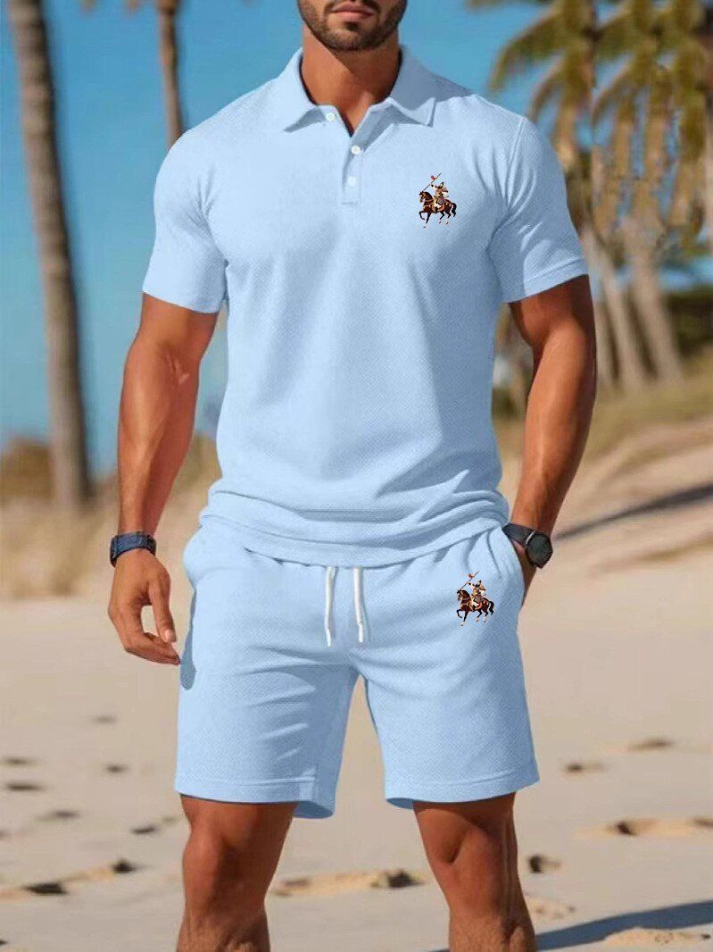 Men's Summer Slim-Fit Polo Shirt & Shorts Set - Breathable Mesh Short Sleeve Embroidered Casual Outfit (White/Navy/Orange/Black/Red/Teal/Army Green_voghion.com