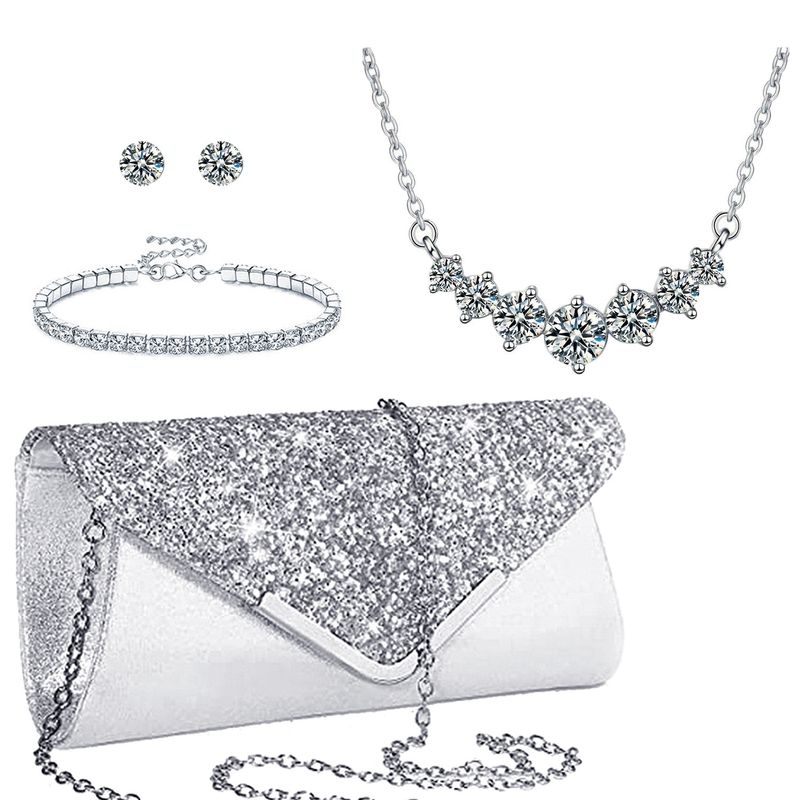 Set di gioielli da donna con collana di strass scintillanti, orecchini e bracciale coordinati, design geometrico per feste serali e uso quotidiano_voghion.com