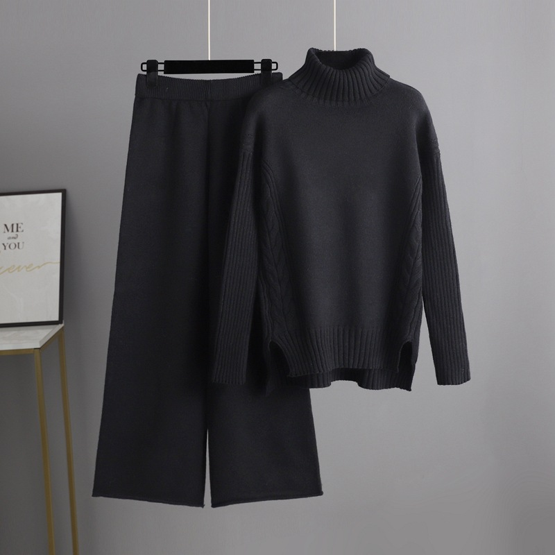 Vêtements pour femmes style paresseux pull à col roulé ample costume style occidental pour femmes pantalons à jambes larges à la mode ensemble deux pièces pour les femmes_voghion.com