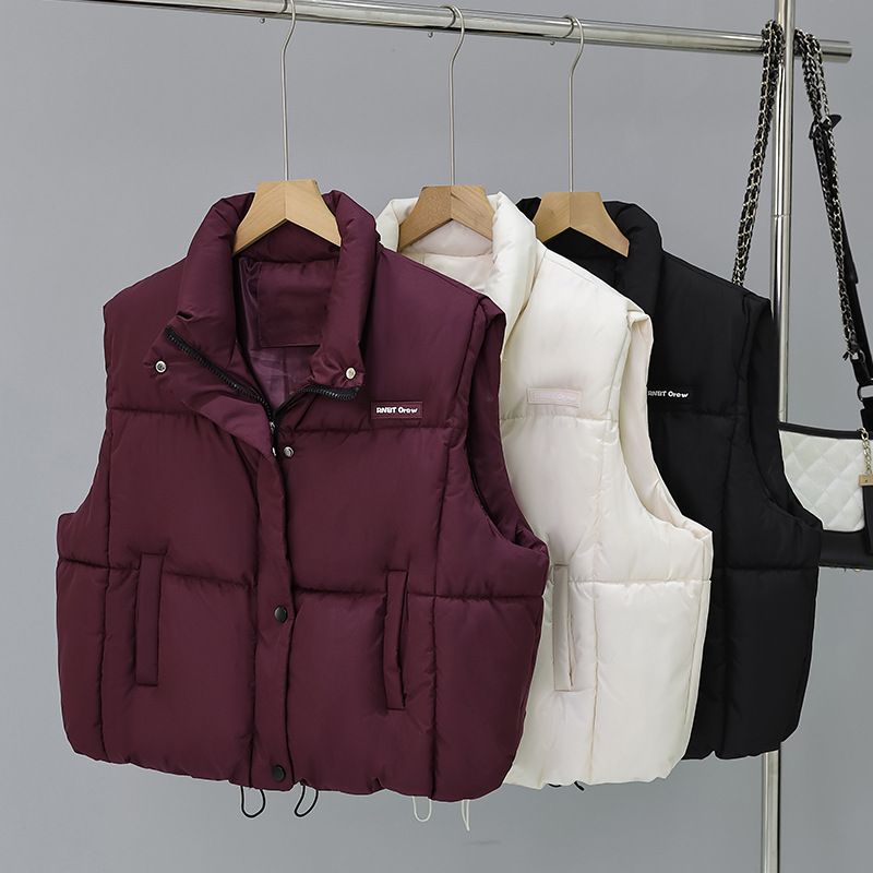 Women’s Quilted Vest – Stand Collar Short Puffer Sleeveless Jacket, Lightweight Casual Layering Piece For Streetwear & Office (Black/Deep Red/Cream)_voghion.com