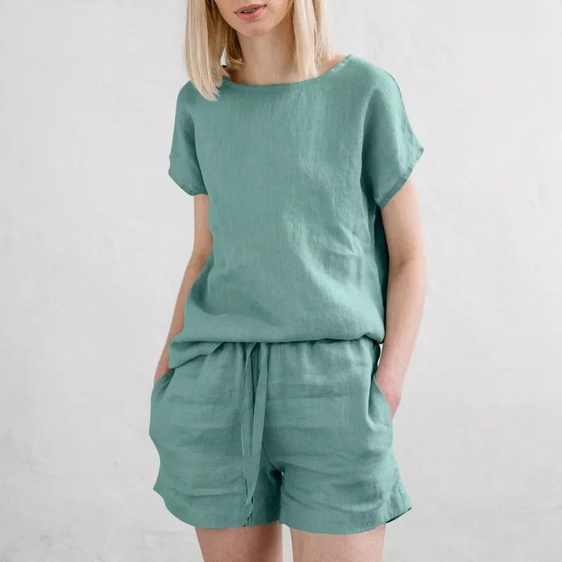 Tuta da donna con maniche corte, in cotone e lino, stile retrò, casual, tinta unita, con coulisse e pantaloncini._voghion.com