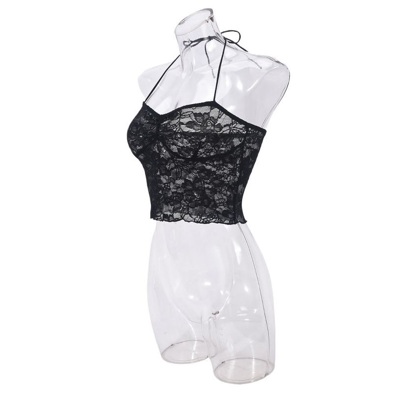 Sexy Spitzen-Bralette-Top – Rückenfreies Camisole aus transparentem Netzstoff mit Bindedetail | Blumenmuster, dehnbar und atmungsaktiv | Clubwear (Schwarz, S/M/L)_voghion.com