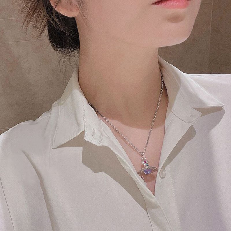 New Arrival Empress Saturn Crystal Ball Necklace Colorful Rhinestone O Premium Sweater Chain_voghion.com
