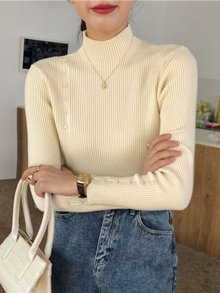 Maglione lavorato a maglia da donna, a maniche lunghe, con bottoni, a collo alto, sottile, per autunno e inverno, morbido e caldo, con fondo alto_voghion.com