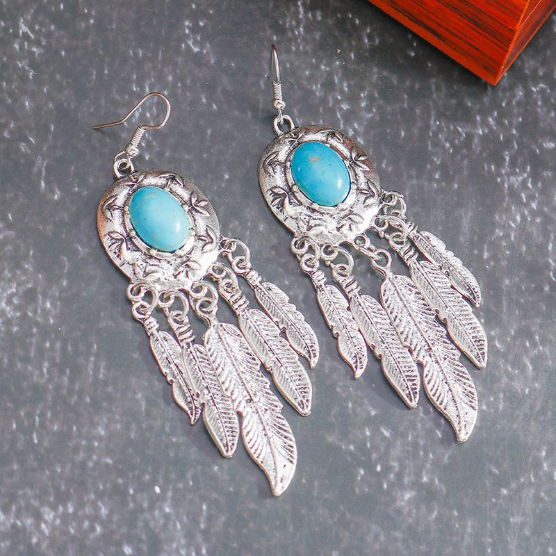 New Bohemian Ethnic Style Turquoise Accessories Ancient Silver Tassel Feather Earrings_voghion.com