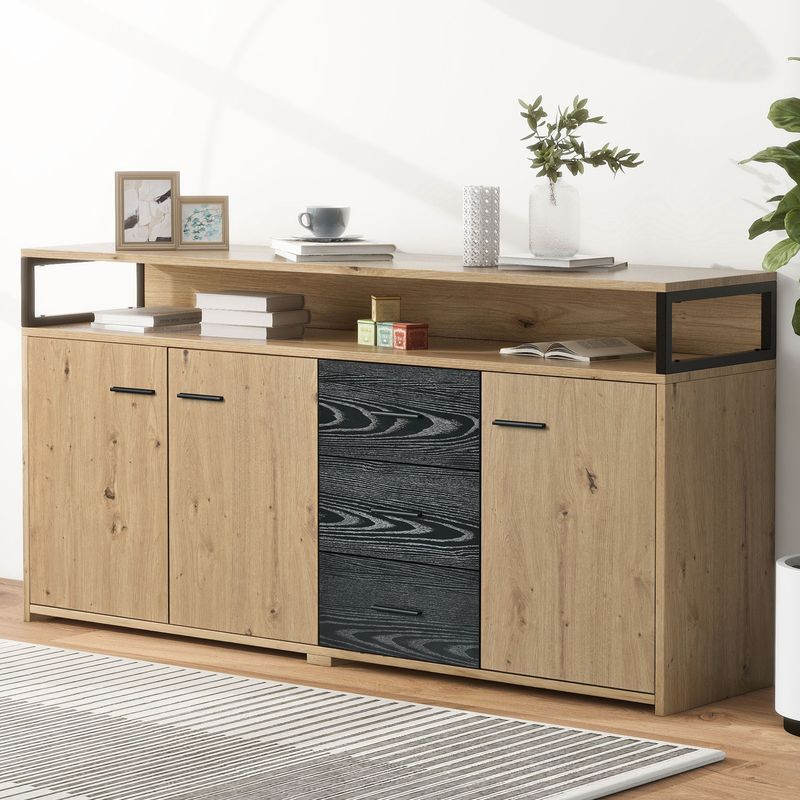 Buffet industriel trois portes et trois tiroirs, meuble de rangement multifonctionnel avec poignées en métal, armoire de cuisine, meuble de rangement pour chambre, salon et bureau, 150 x 35 x 75,9 cm_voghion.com
