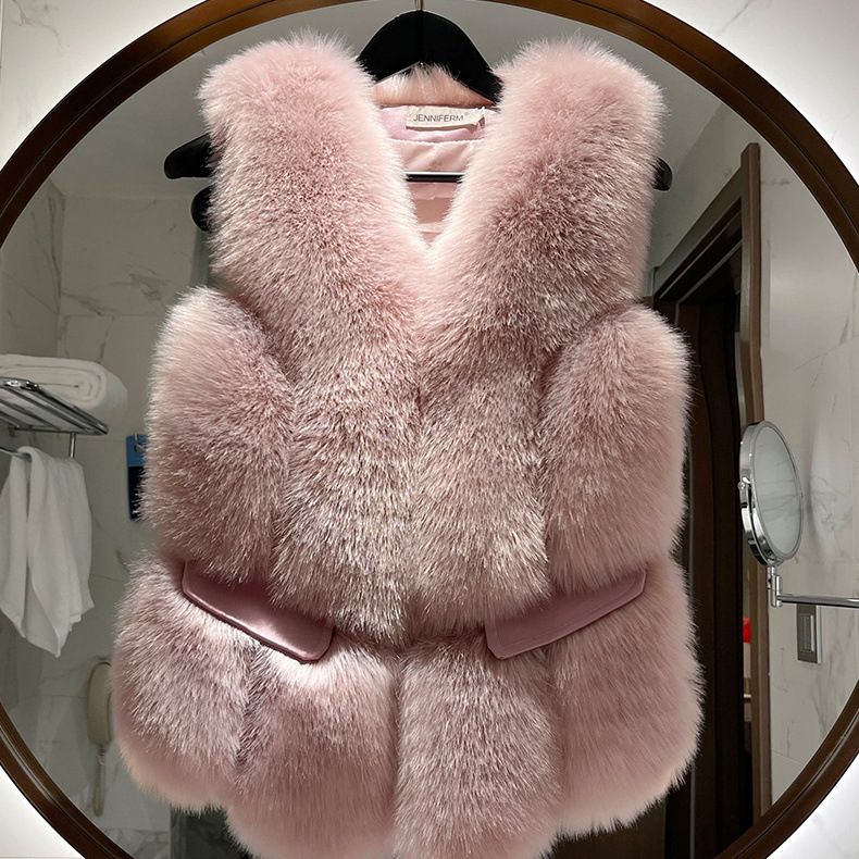 Damen-Weste aus Kunstfuchspelz – Trendige ärmellose Pufferjacke (Opaleszierend/Grau-Schwarz/Apricot/Asahi, S-XL)_voghion.com