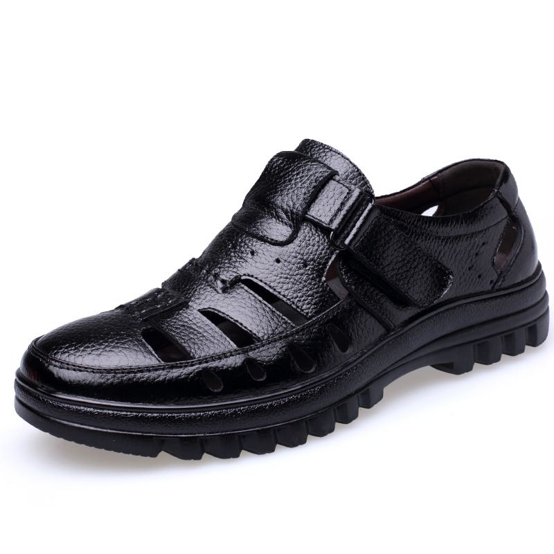 Sommer Herren Leder ausgehöhlt Atmungsaktive Freizeitschuhe mit Löchern Rutschfeste Ledersandalen für Väter mittleren Alters und ältere Menschen_voghion.com