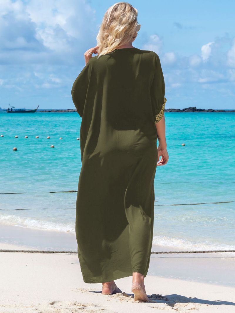 Robe de plage brodée en coton pour femme - Jupe longue portefeuille légère pour maillot de bain et protection solaire_voghion.com