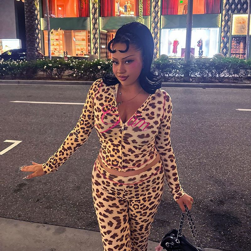 Wind 2024 Summer New Product Printed Hoodie Top Leopard High Waist Tight Pants Set For Women_voghion.com