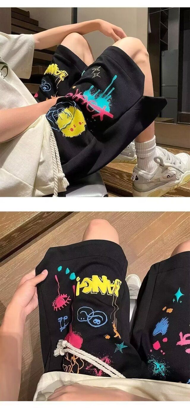 Graffiti sportshorts voor heren Zomermodemerk Oversized High Street American Vibe Dopamine bijpassende broek_voghion.com