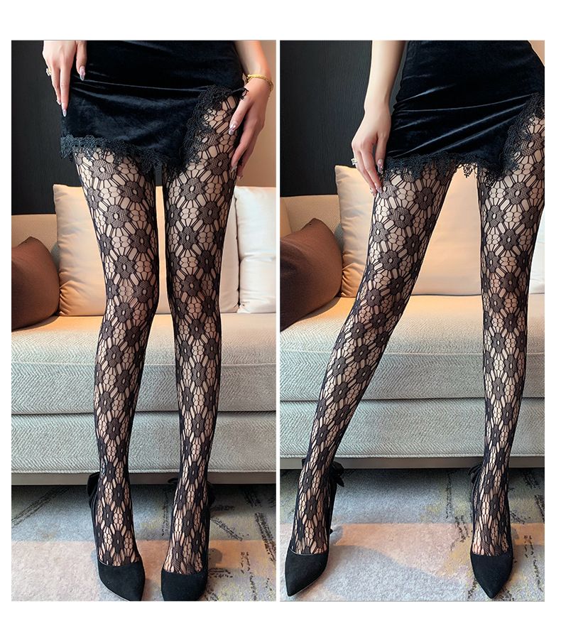 Ženske seksi spodnje perilo, mrežaste nogavice, črne žakard čipke s cvetličnim vzorcem, votle mrežaste nogavice, črne svilene hlačne nogavice_voghion.com