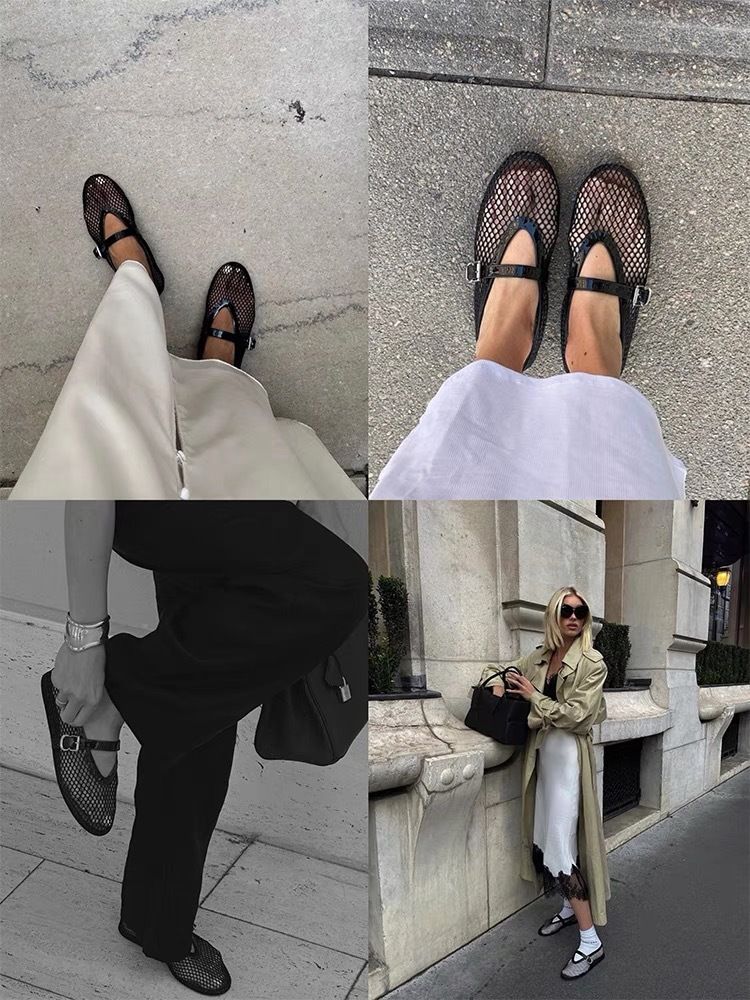Mesh Ballet Flats For Women Summer With Embellished Patent Leather Trim Comfortable Breathable Fashionable Casual Shoes_voghion.com