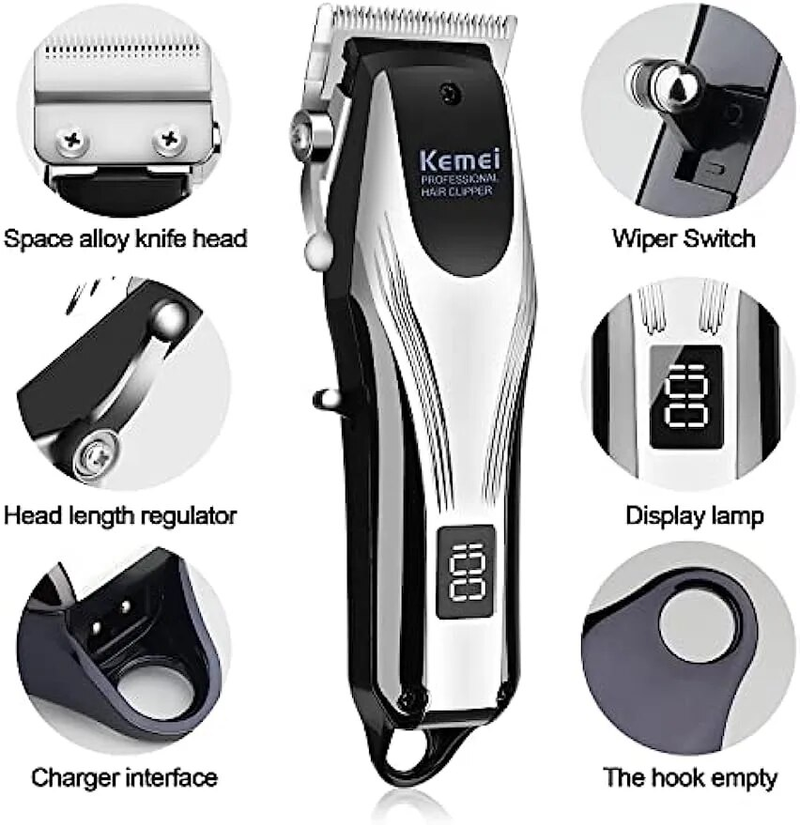 KEMEI Professionell Hårklippare Herr Uppladdningsbar sladdlös elektrisk skägghårtrimmer Frisör hårklippningsmaskin Grooming Kit_voghion.com