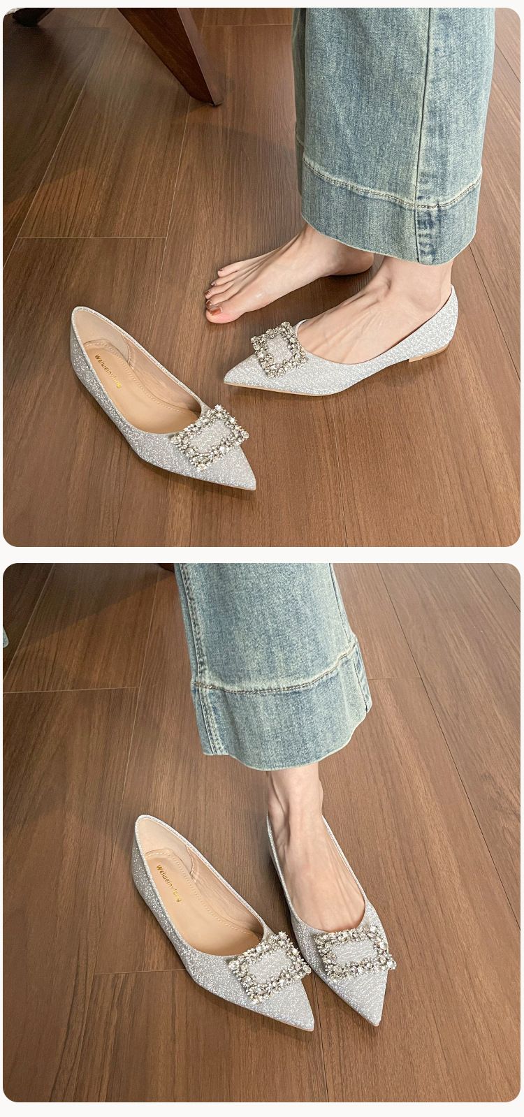 Scarpe da sposa francesi a punta singola da donna con tacco basso, strass, argento, scarpe basse per temperamento_voghion.com