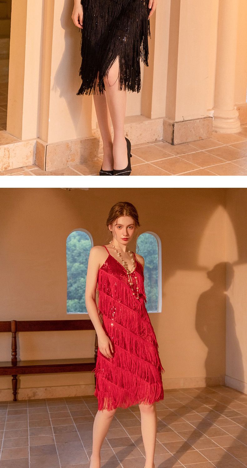 Weihnachten, Thanksgiving, Halloween, Valentinstag, Bankett, Hochzeit, Brautjungfer, sexy Nachtclub, schwarzes Pailletten-Quastenkleid, Hängegurt_voghion.com