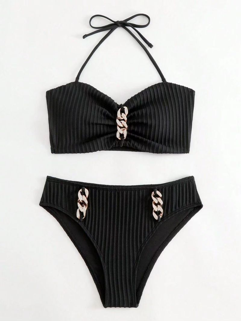 Kadın çizgili yular boyun moda bölünmüş biniki mayo kadın_voghion.com