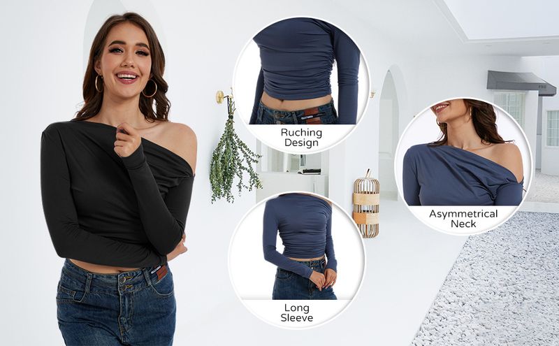 Sieviešu apģērbs Unikāls slīps plecu garās piedurknes T-krekls Karsta meitene Izejošs krekls ar apakšējo daļu Slim Fit Pulover Top ar vienu plecu_voghion.com