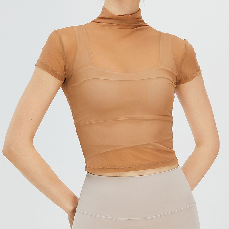 Maglietta da yoga vintage con collo alto, da donna, ad asciugatura rapida, sportiva, in rete, con protezione solare, per yoga_voghion.com