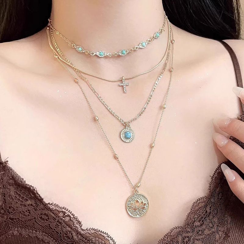 Eingelegter Diamant Türkis Kreuz Lotus Mehrschichtige Anhänger Halskette Schlüsselbeinkette Nischendesign Sinn Schmuck Für Frauen_voghion.com